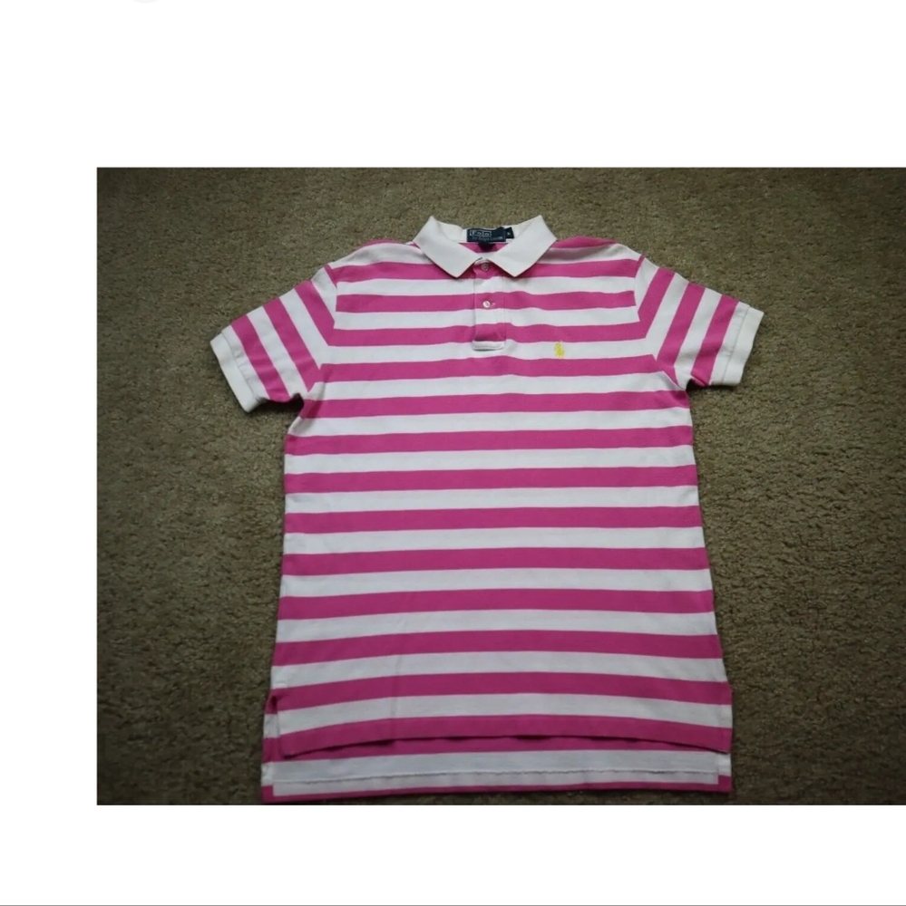 Polo Ralph Lauren Shirt Mens Medium Pink Stripe Polo Short Sleeve Preppy Rugby